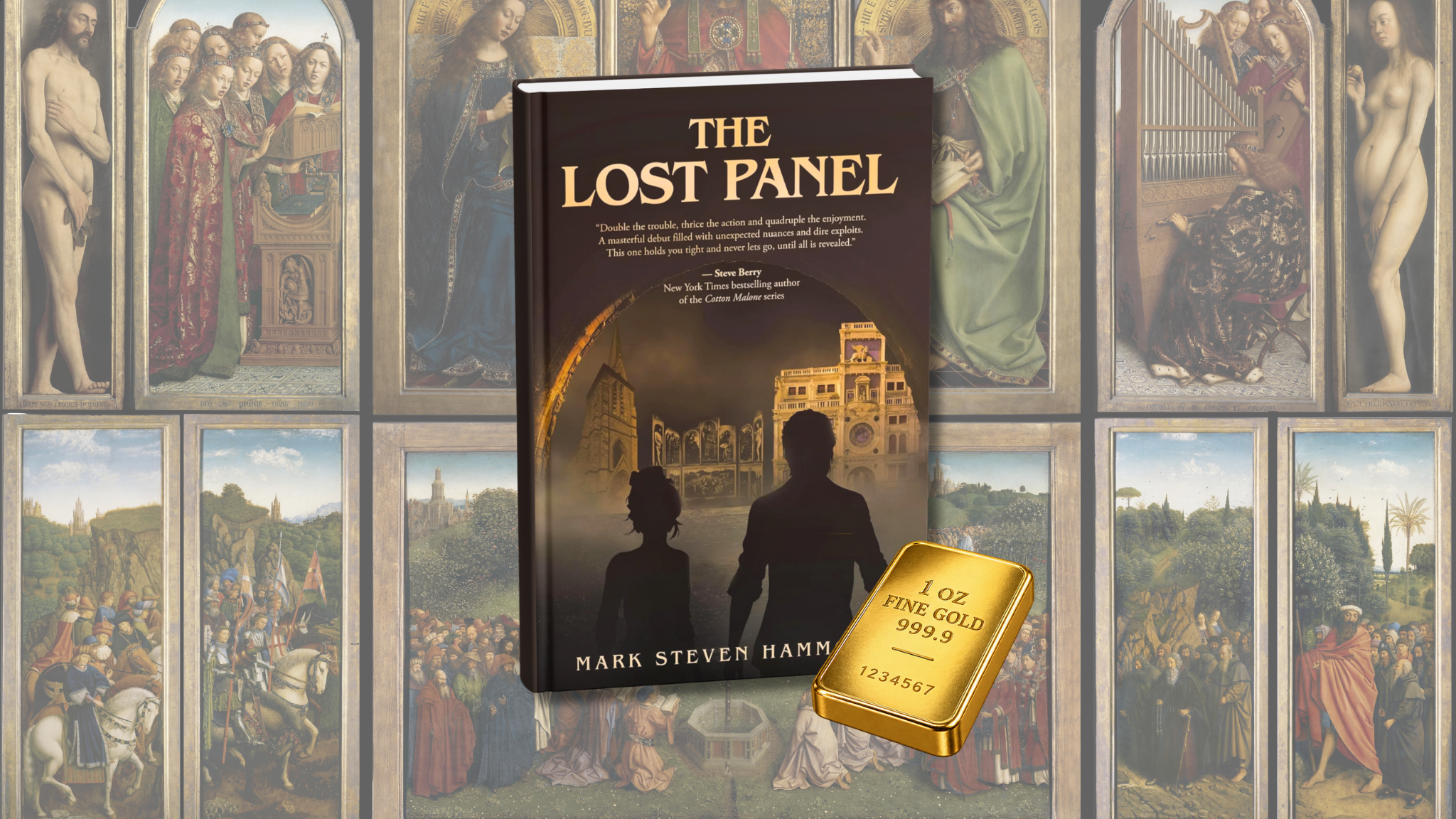 The Lost Panel book and gold bar against the Ghent Altarpiece
